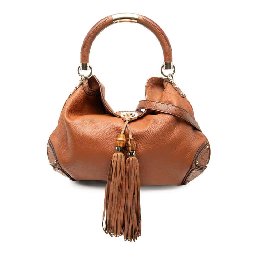 Gucci Large Leather Bamboo Indy Satchel Brown Leather Good condition - Front View