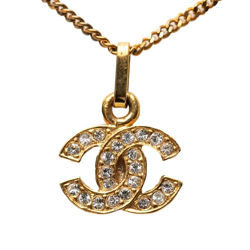 Chanel Gold Plated CC Rhinestone Pendant Necklace Gold Metal Fair condition - Front View