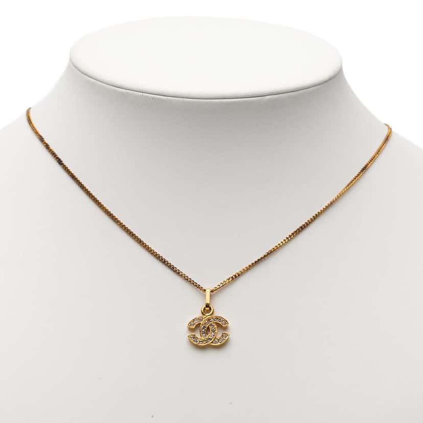 Chanel Gold Plated CC Rhinestone Pendant Necklace Gold Metal Fair condition - Box View