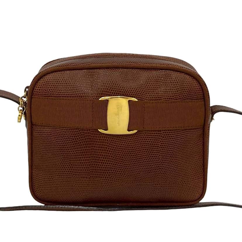 Salvatore Ferragamo Lizard Embossed Leather Vara Crossbody Brown Leather Very good condition - Front View