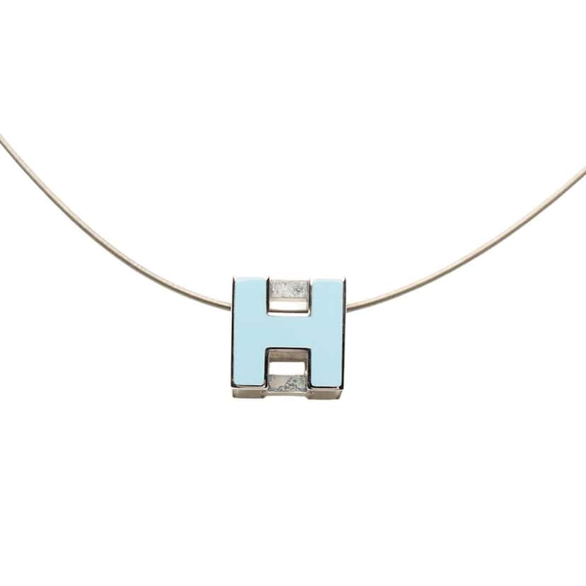 Hermès Palladium Plated Enamel Cage D H Pendant Necklace Blue Good condition - Front View