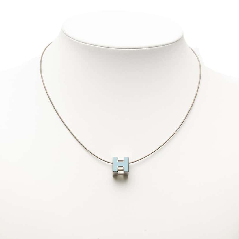 Hermès Palladium Plated Enamel Cage D H Pendant Necklace Blue Good condition - Box View