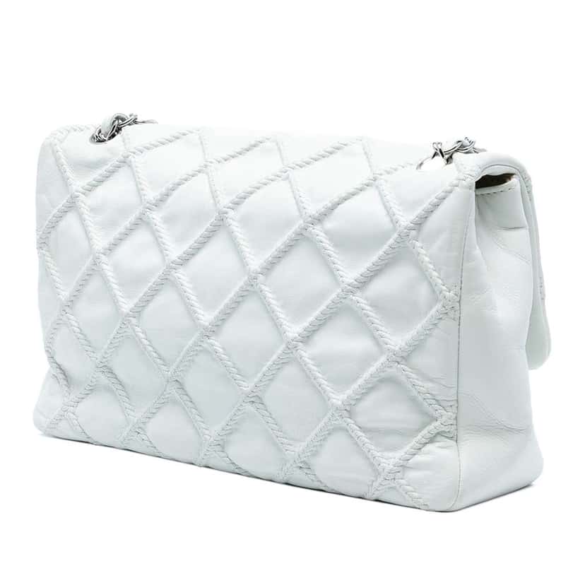 Chanel CC Quilted Calfskin Embossed Stitch Flap White Leather Good condition - Back View