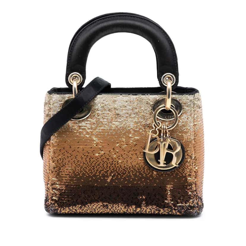 Dior Mini Satin Sequin Gradient Lady Dior Gold Satin Good condition - Front View