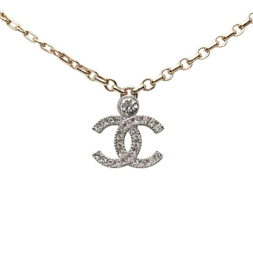 Chanel CC Silver Plated Rhinestone Pendant Necklace Silver Metal Good condition - Back View