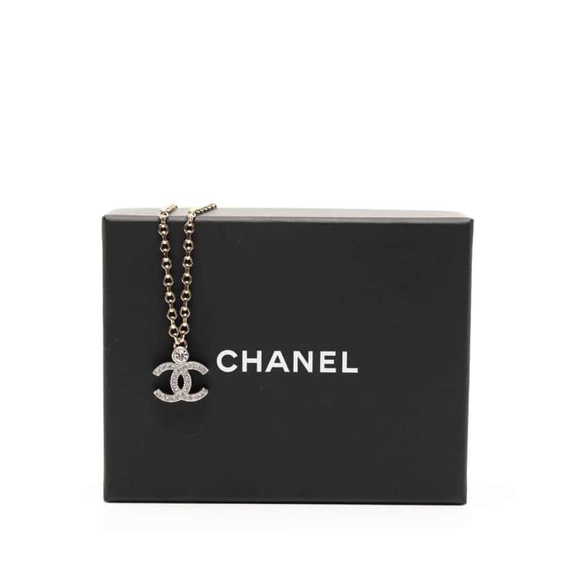 Chanel CC Silver Plated Rhinestone Pendant Necklace Silver Metal Good condition - Box View