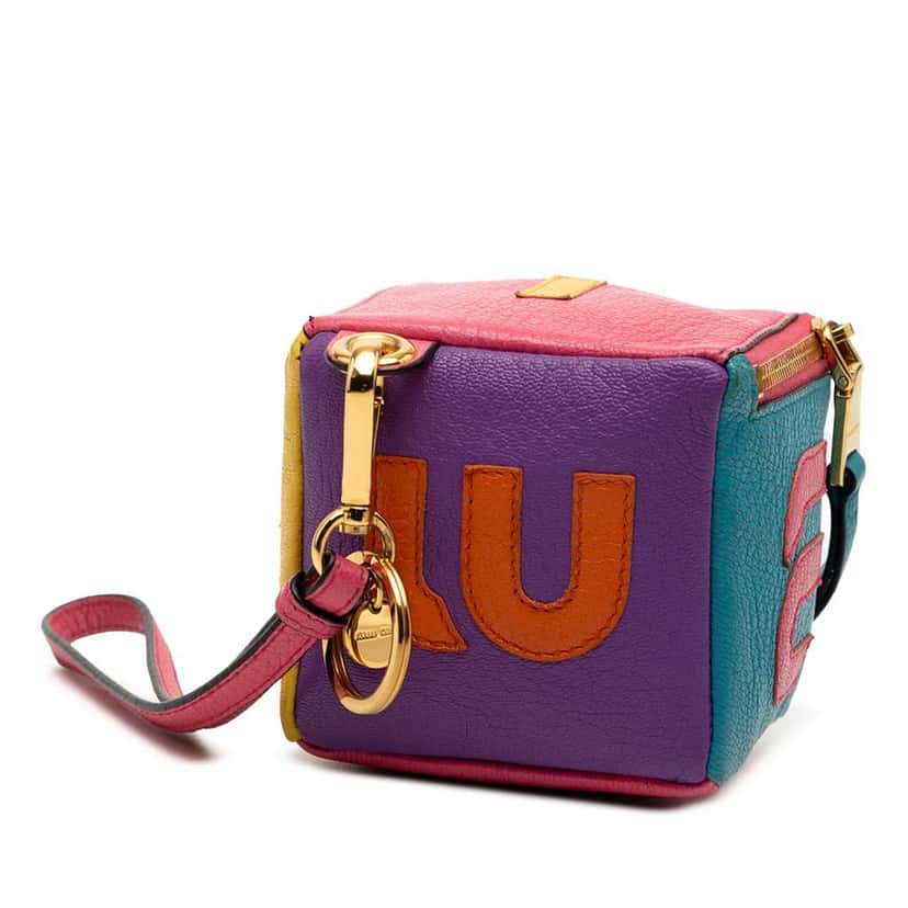 Miu Miu Goatskin Logo Cube Wristlet Coin Pouch MultiColor Leather Good condition - Back View
