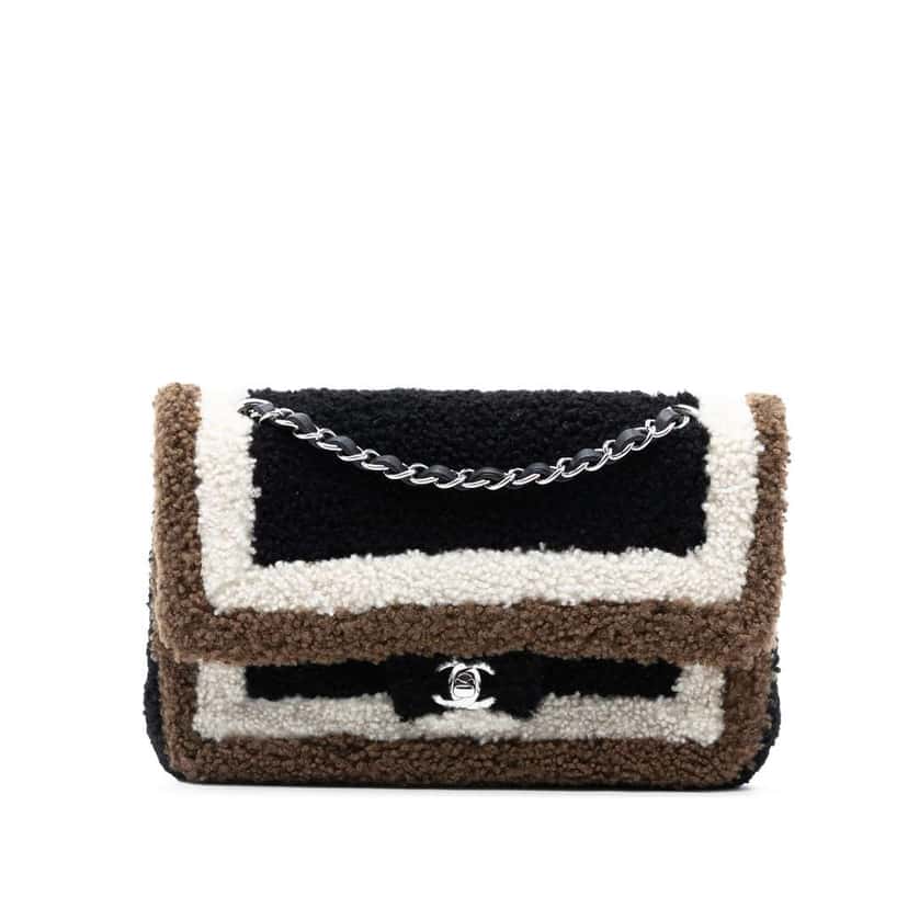 Chanel Medium Classic Tricolor Shearling Double Flap Black Very good condition - Front View