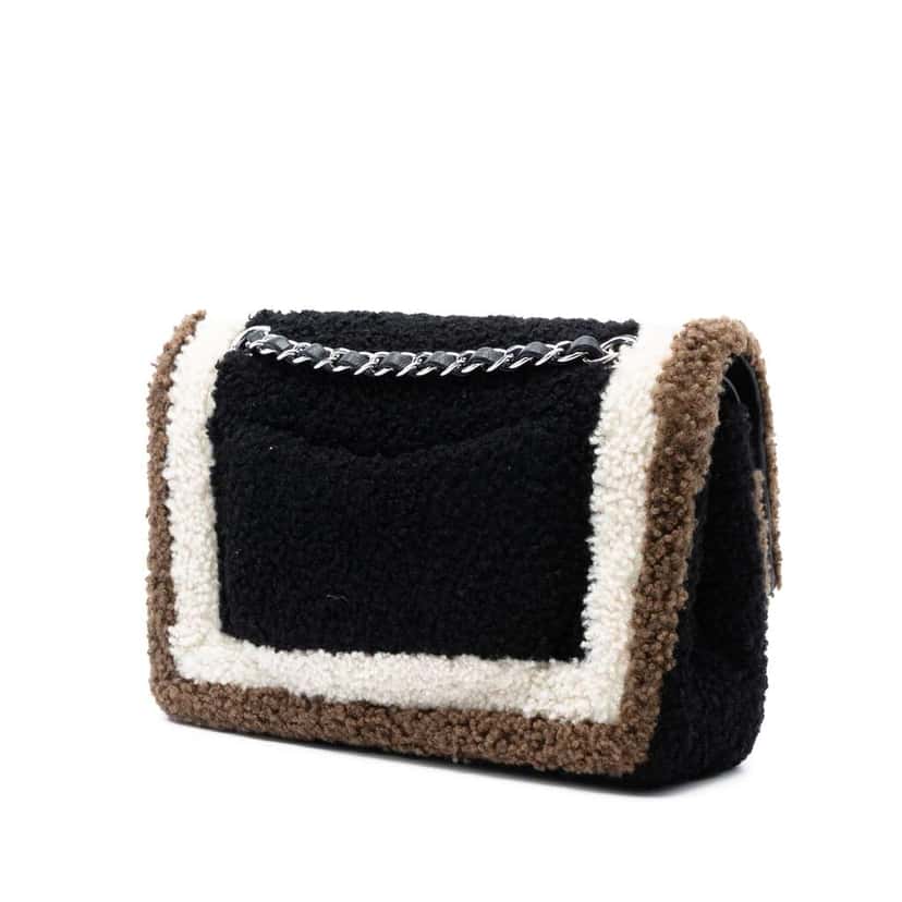 Chanel Medium Classic Tricolor Shearling Double Flap Black Very good condition - Back View