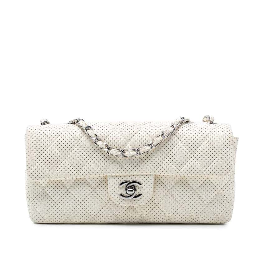 Chanel Classic Perforated Lambskin East West Flap White Leather Good condition - Front View