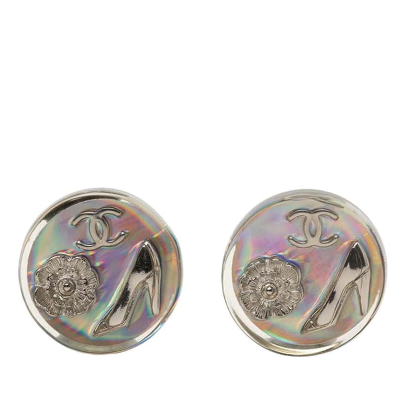 Chanel CC Resin Holographic Camellia Round Clip On Earrings Silver Very good condition - Front View
