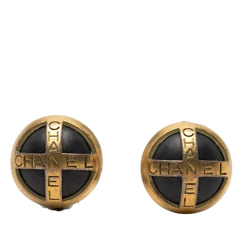 Chanel Gold Plated and Acrylic Logo Round Button Clip On Earrings Gold Metal Very good condition - Front View