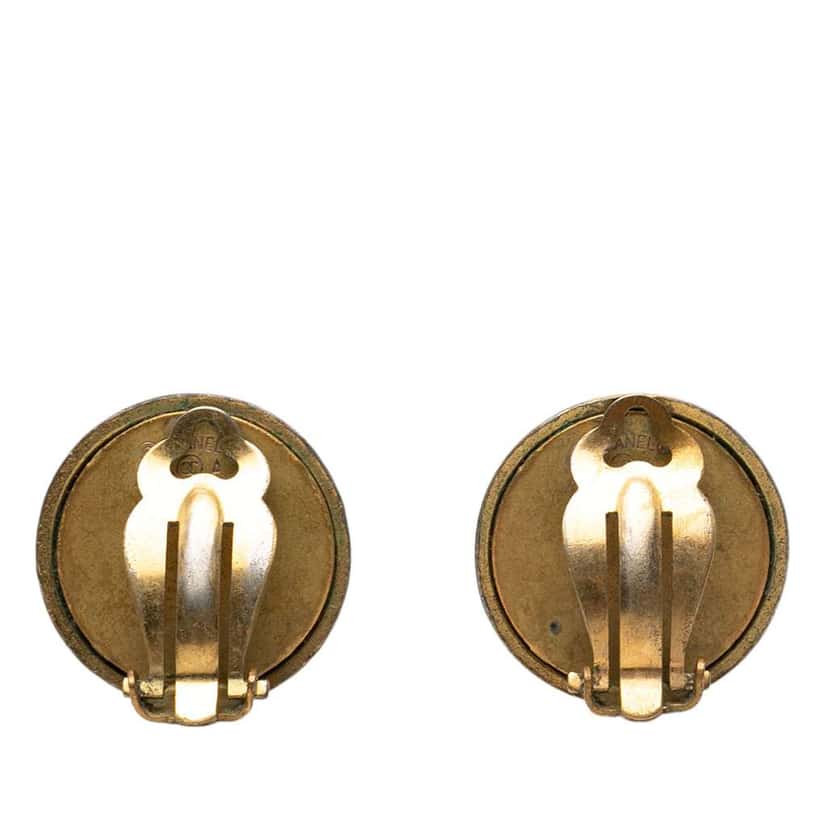 Chanel Gold Plated and Acrylic Logo Round Button Clip On Earrings Gold Metal Very good condition - Back View