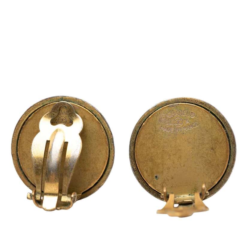 Chanel Gold Plated and Acrylic Logo Round Button Clip On Earrings Gold Metal Very good condition - Inside View