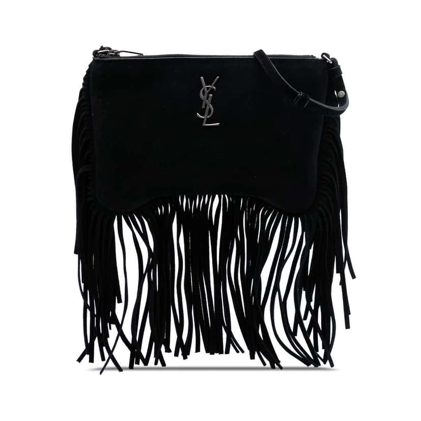 Saint Laurent Suede Monogram Fringe Crossbody Black Leather Good condition - Front View