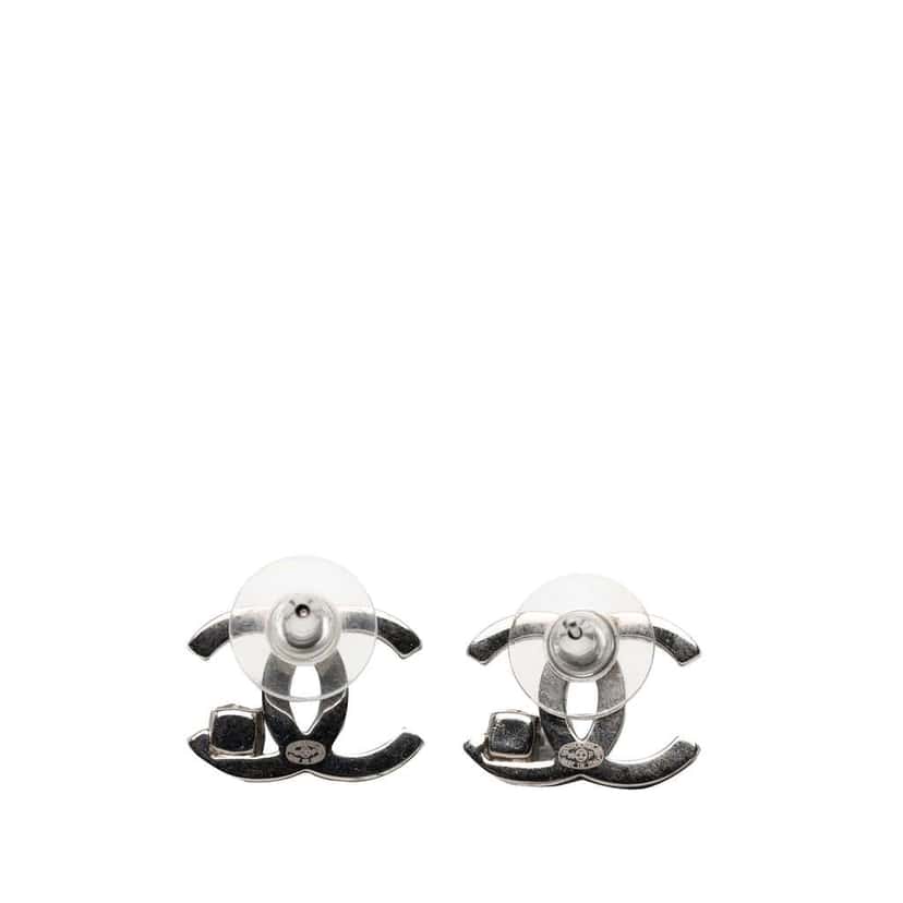 Chanel Silver Plated CC Rhinestone Push Back Earrings Silver Metal Very good condition - Back View
