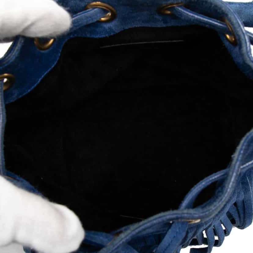 Saint Laurent Small Suede Emmanuelle Fringe Bucket Bag Blue Leather Good condition - Model View