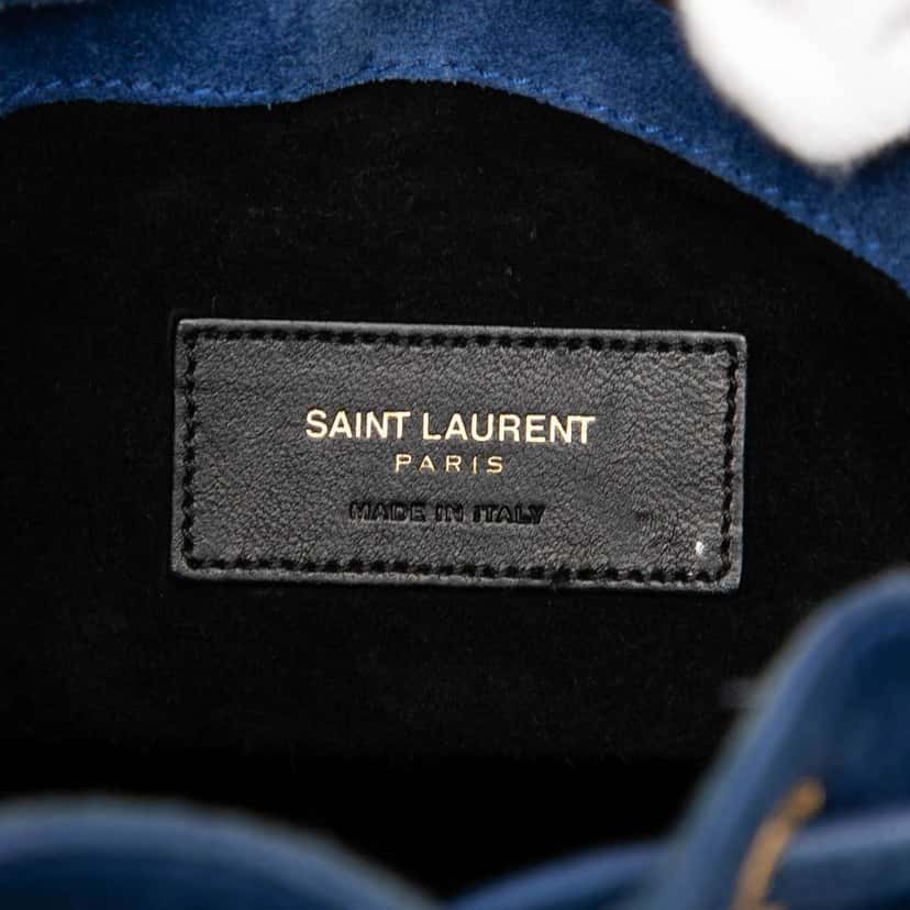 Saint Laurent Small Suede Emmanuelle Fringe Bucket Bag Blue Leather Good condition - Box View