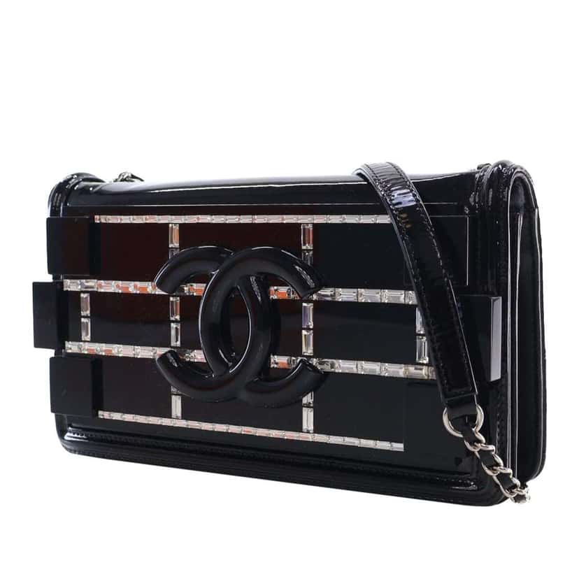 Chanel Patent and Acrylic Crystal Embellished Boy Brick Horizontal Flap Black Leather Good condition - Inside View