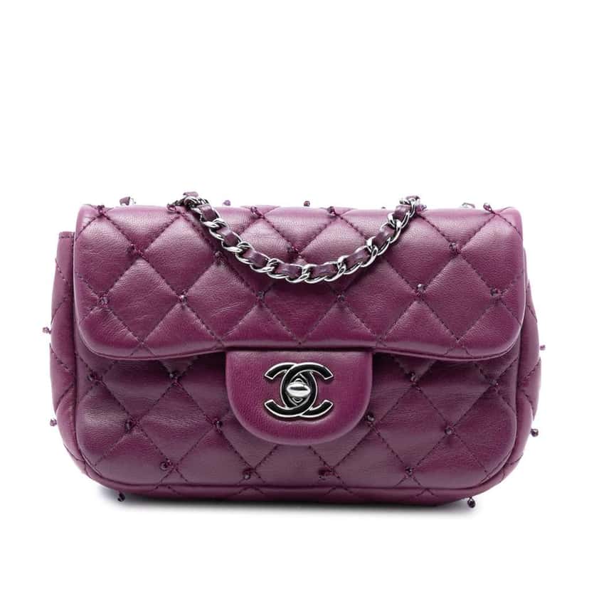 Chanel Extra Mini Rectangular Lambskin Beaded Single Flap Purple Leather Good condition - Front View