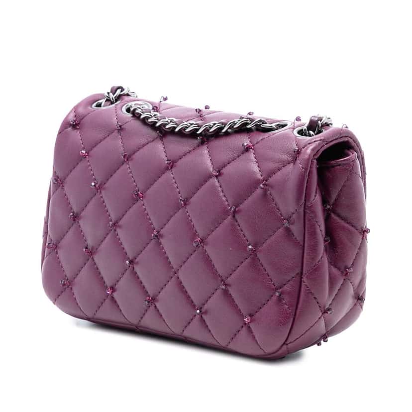 Chanel Extra Mini Rectangular Lambskin Beaded Single Flap Purple Leather Good condition - Back View