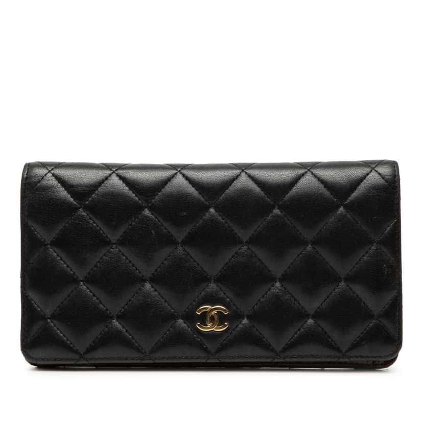 Chanel CC Quilted Lambskin Yen Continental Wallet Black Leather Good condition - Front View