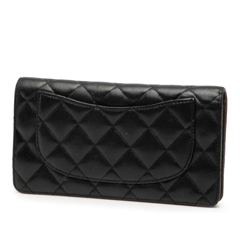 Chanel CC Quilted Lambskin Yen Continental Wallet Black Leather Good condition - Back View