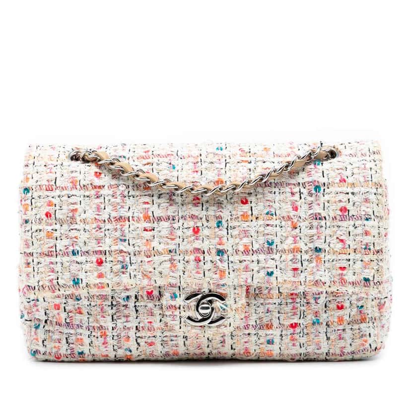 Chanel Medium Classic Tweed Double Flap White Tweed Good condition - Front View