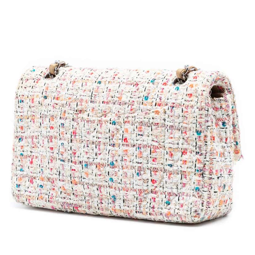 Chanel Medium Classic Tweed Double Flap White Tweed Good condition - Back View