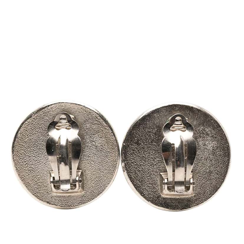 Chanel Silver Plated Resin CC Round Button Clip On Earrings Silver Metal Very good condition - Back View