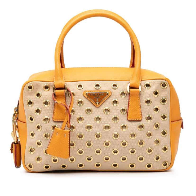 Prada Small Saffiano Trimmed Canvas Grommet Bauletto Bag Brown Canvas Very good condition - Front View