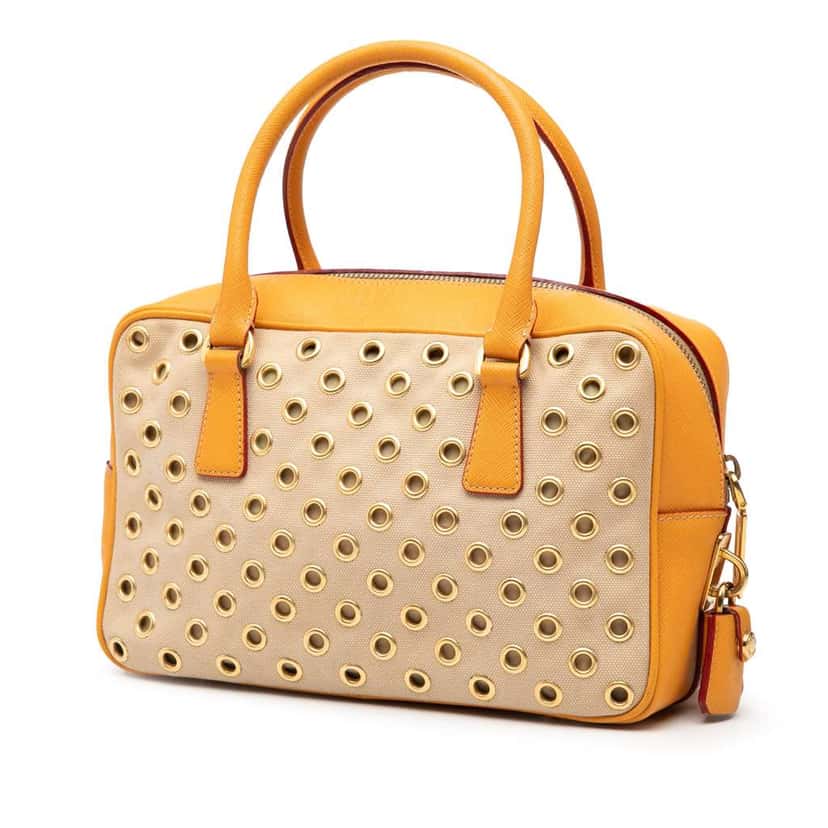 Prada Small Saffiano Trimmed Canvas Grommet Bauletto Bag Brown Canvas Very good condition - Back View