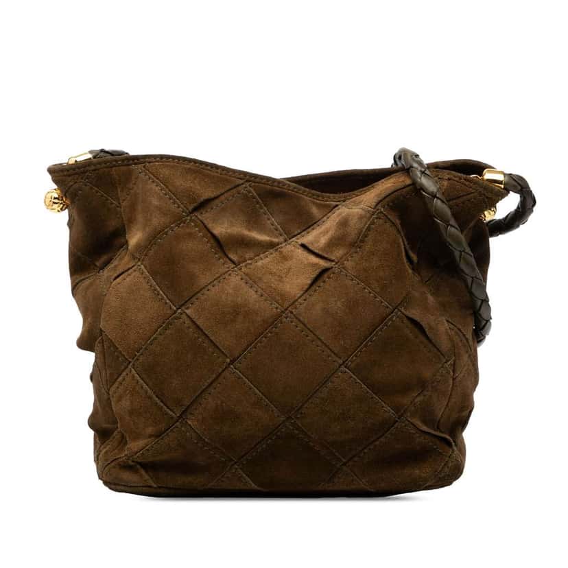 Bottega Veneta Suede Intrecciato Shoulder Bag Brown Leather Good condition - Front View