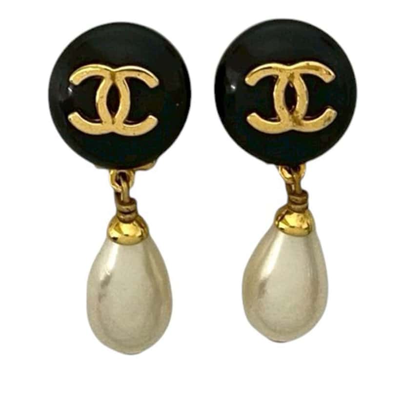 Chanel CC Gold Plated Faux Pearl and Resin Drop Earrings Gold Metal Good condition - Front View