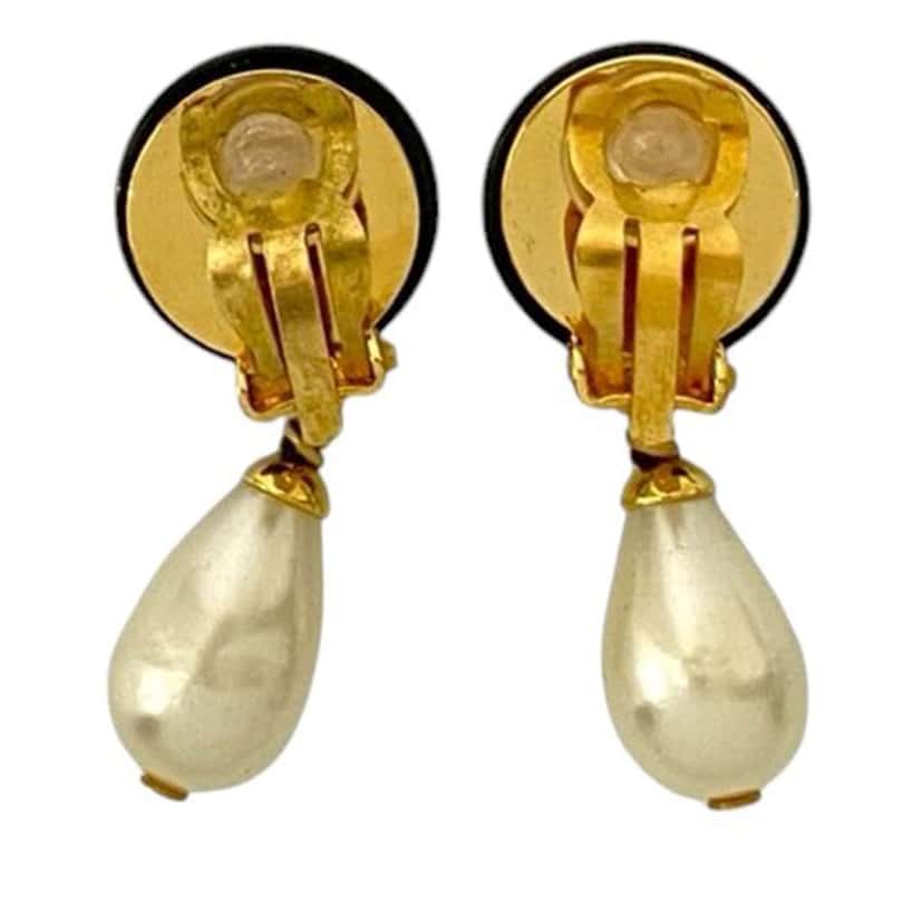 Chanel CC Gold Plated Faux Pearl and Resin Drop Earrings Gold Metal Good condition - Back View