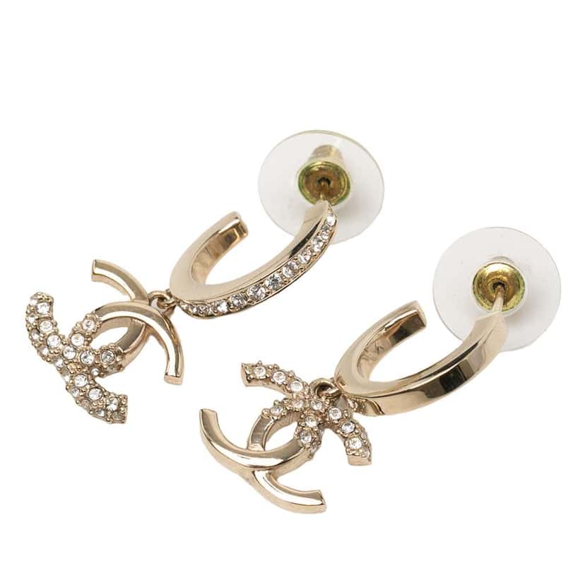 Chanel Gold Plated Crystal CC Drop Hoop Push Back Earrings Gold Metal Good condition - Front View