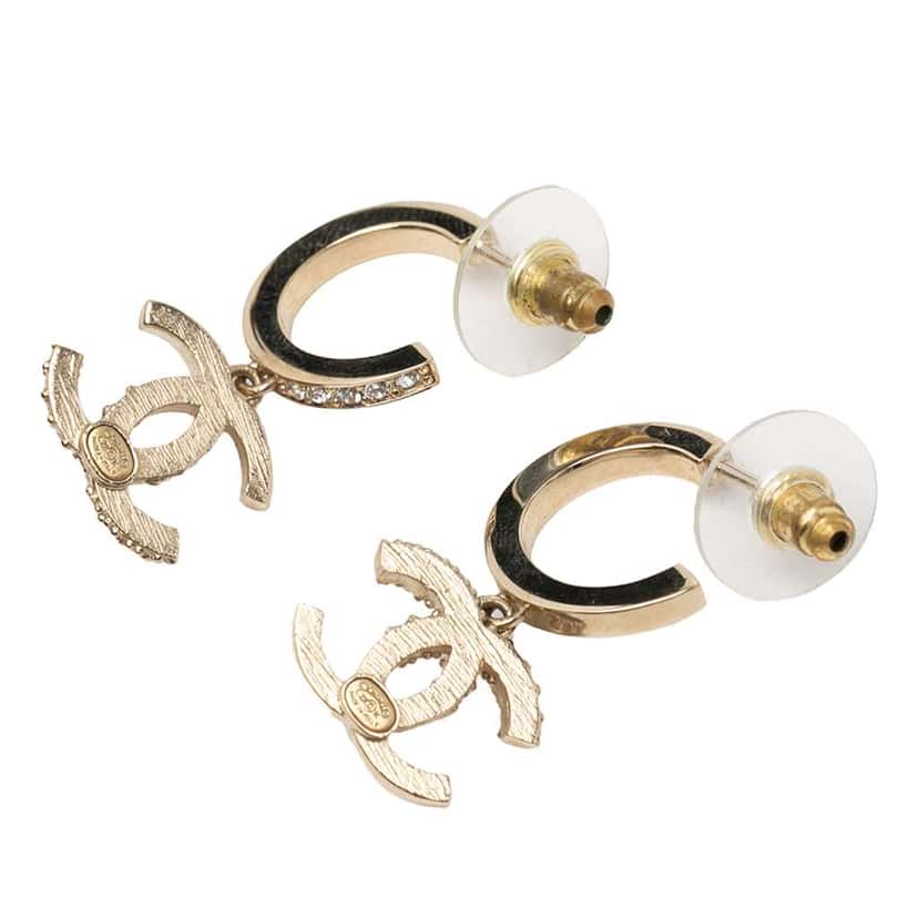 Chanel Gold Plated Crystal CC Drop Hoop Push Back Earrings Gold Metal Good condition - Back View