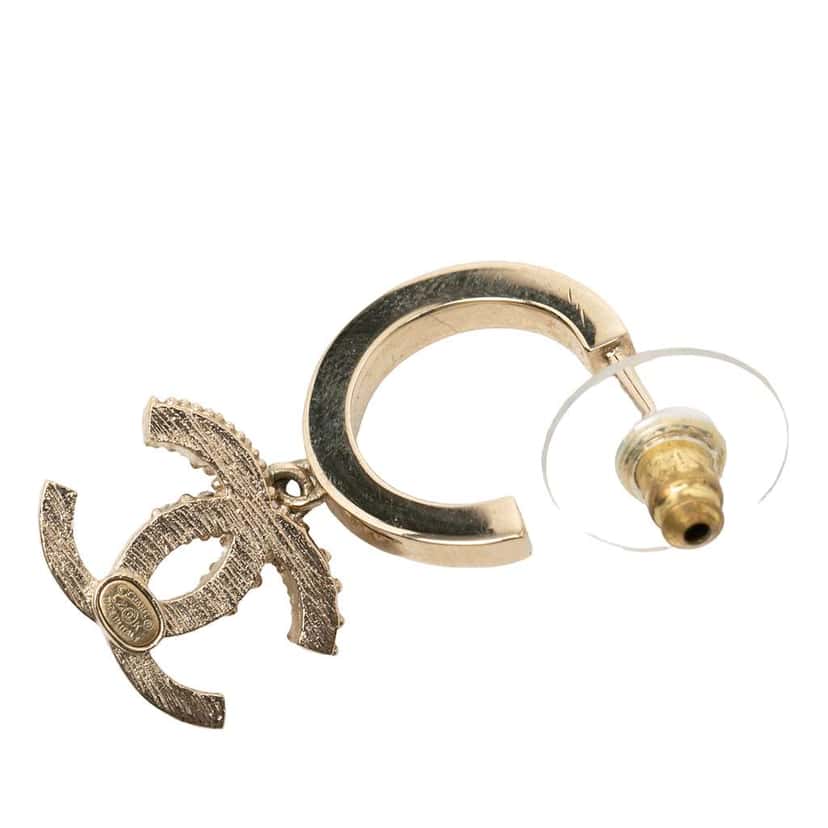 Chanel Gold Plated Crystal CC Drop Hoop Push Back Earrings Gold Metal Good condition - Inside View