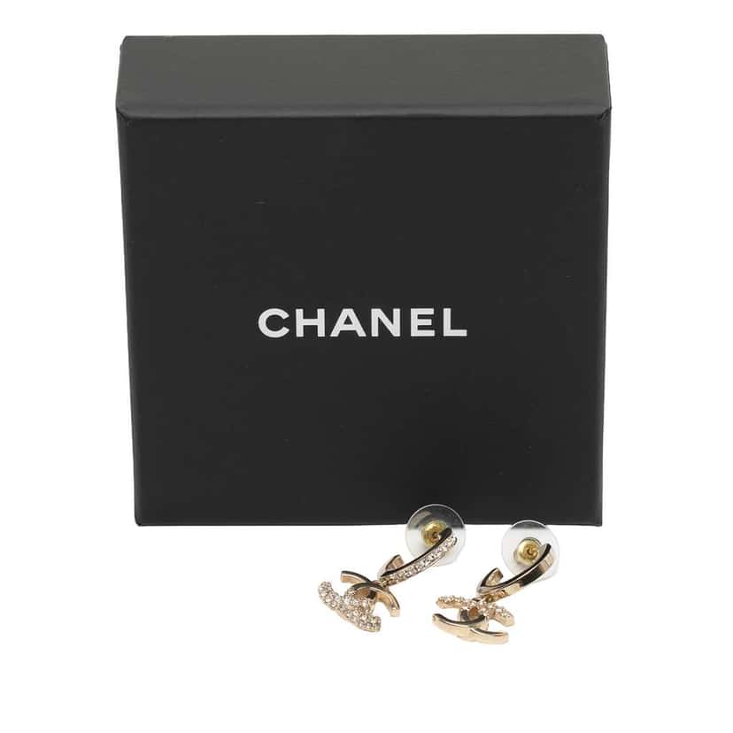 Chanel Gold Plated Crystal CC Drop Hoop Push Back Earrings Gold Metal Good condition - Model View