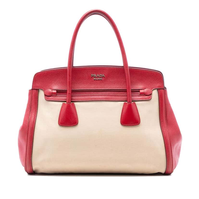 Prada Bicolor Saffiano Cuir Trimmed Canvas Satchel Brown Canvas Good condition - Front View