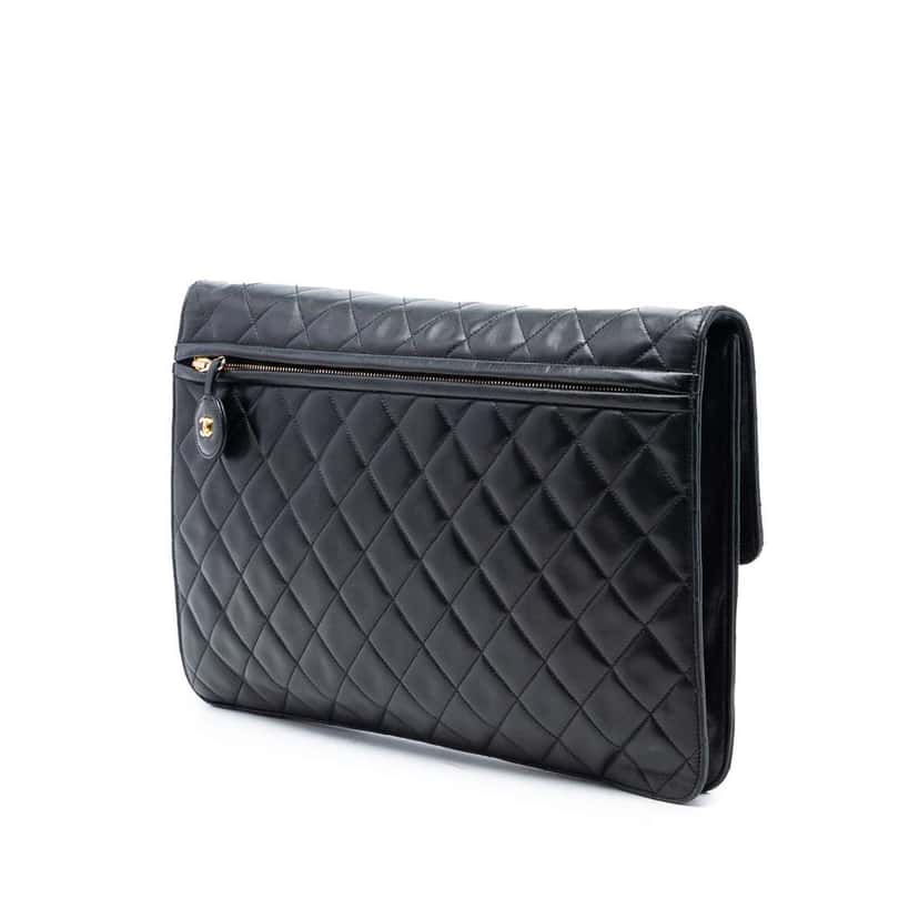 Chanel Maxi XL Quilted Lambskin Clutch with Chain Black Leather Good condition - Back View