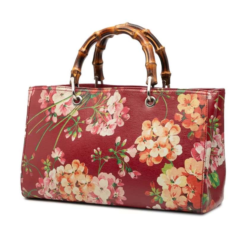 Gucci Medium Calfskin Blooms Bamboo Shopper Satchel Red Leather Very good condition - Back View