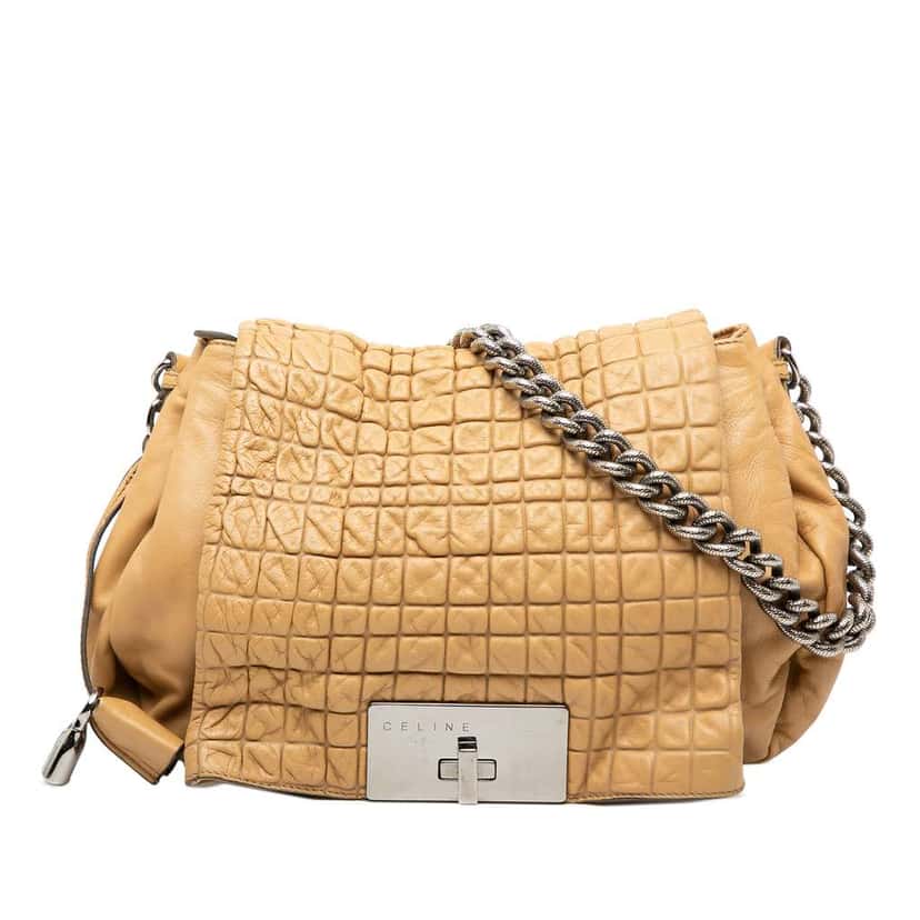 Celine Lambskin Watch Me Gauffre Flap Shoulder Bag Brown Leather Very good condition - Front View