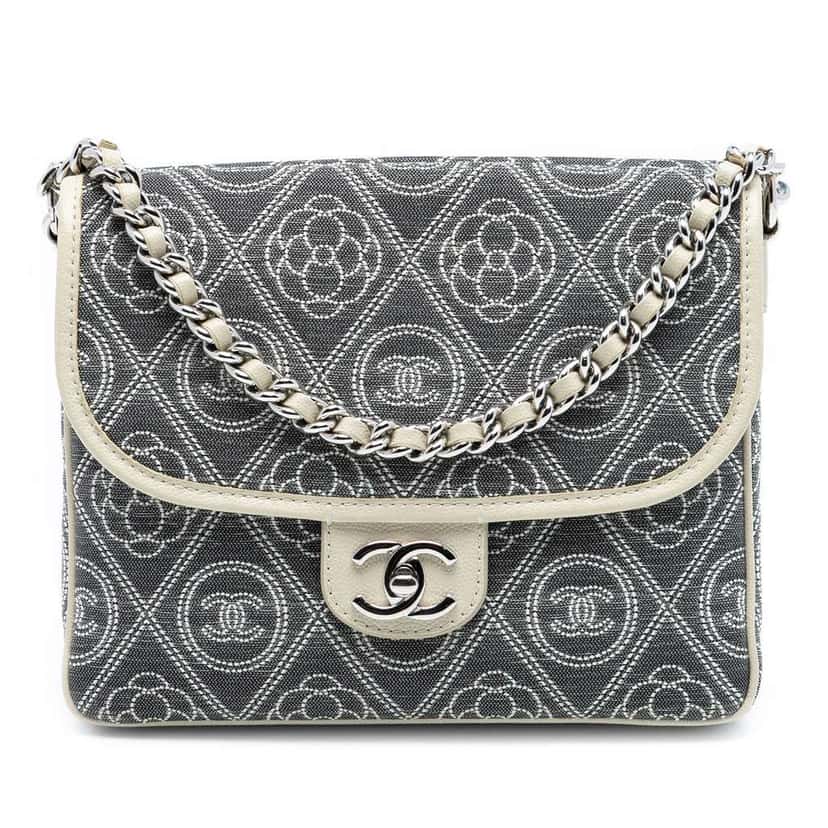 Chanel Camellia Printed Canvas Double Side Flap Grey Canvas Very good condition - Front View