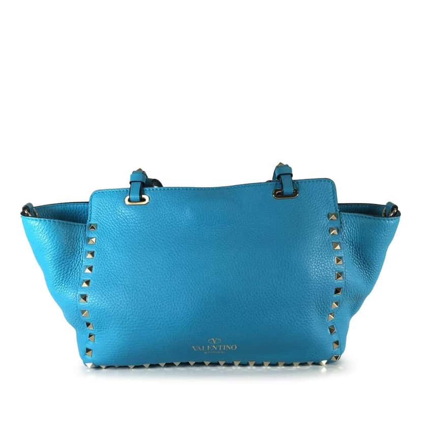 Valentino Small Grained Calfskin Rockstud Trapeze Satchel Blue Leather Very good condition - Back View