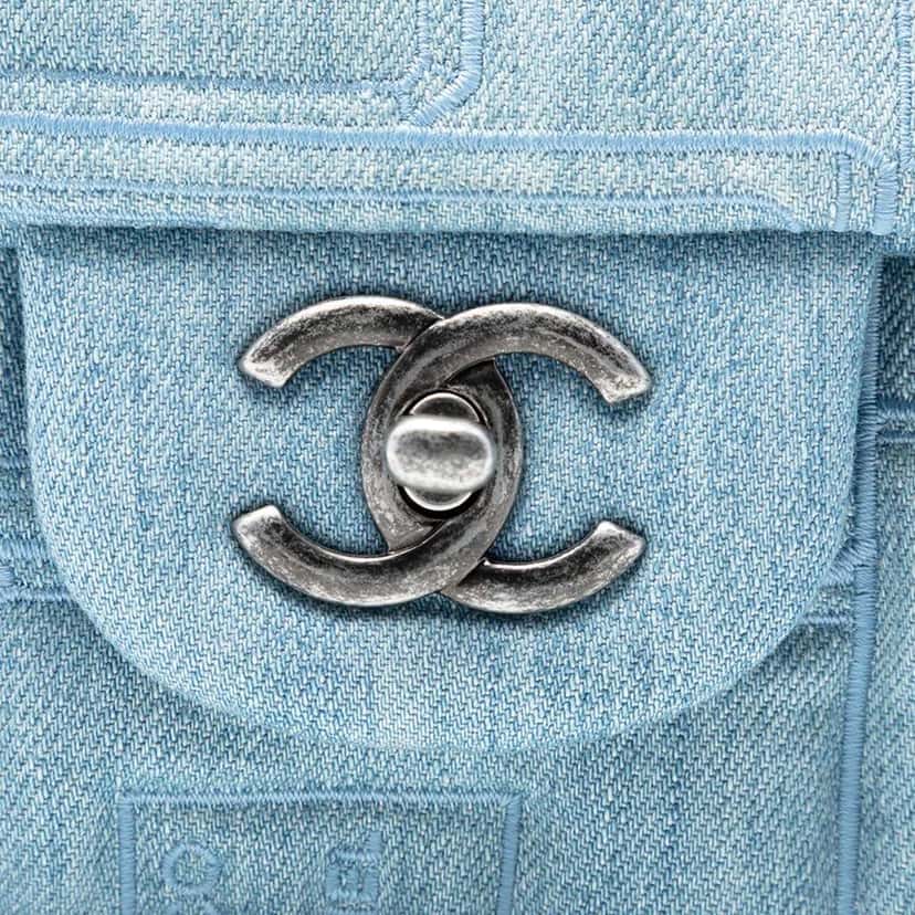 Chanel Medium Embroidered Denim Perfume Bottle Single Flap Blue Denim Very good condition - Box View