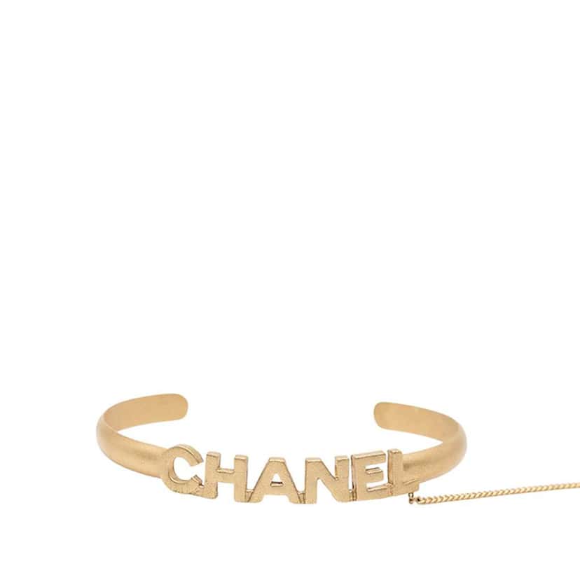 Chanel CC Gold Plated Rhinestone Logo Cuff Bracelet and Ring Set Gold Metal Very good condition - Back View