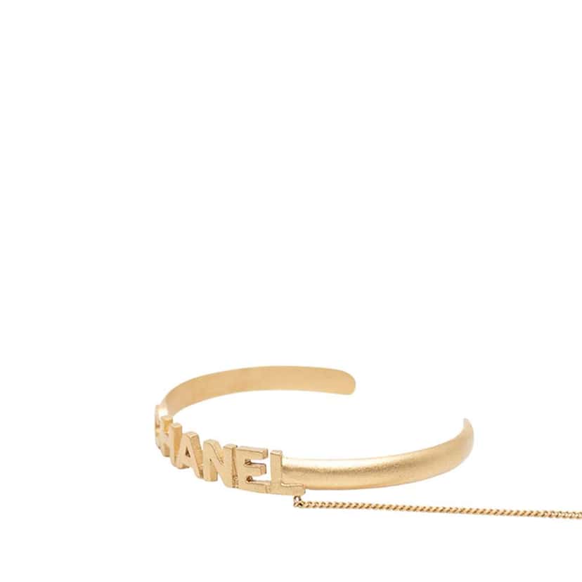 Chanel CC Gold Plated Rhinestone Logo Cuff Bracelet and Ring Set Gold Metal Very good condition - Inside View