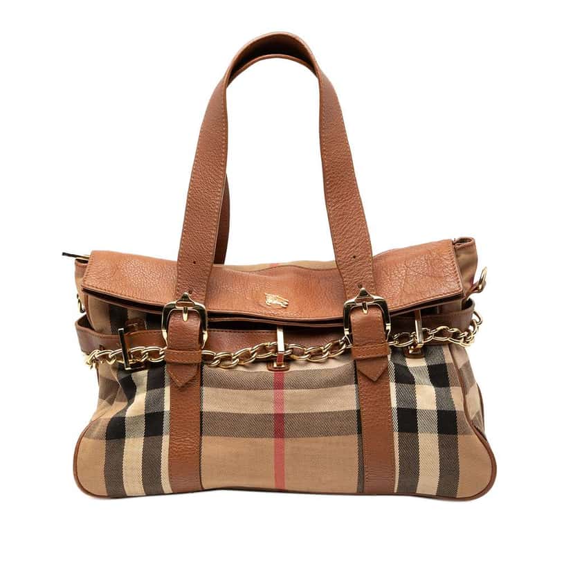 Burberry Leather Trimmed House Check Canvas Handbag Brown Canvas Very good condition - Front View