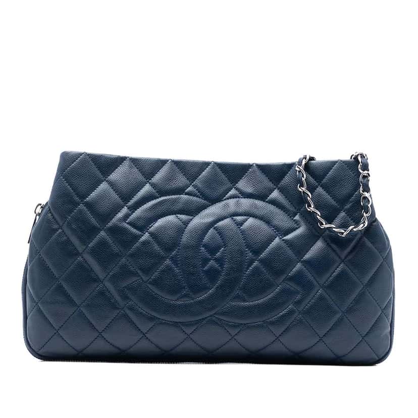 Chanel CC Quilted Caviar Expandable Tote Blue Leather Good condition - Front View